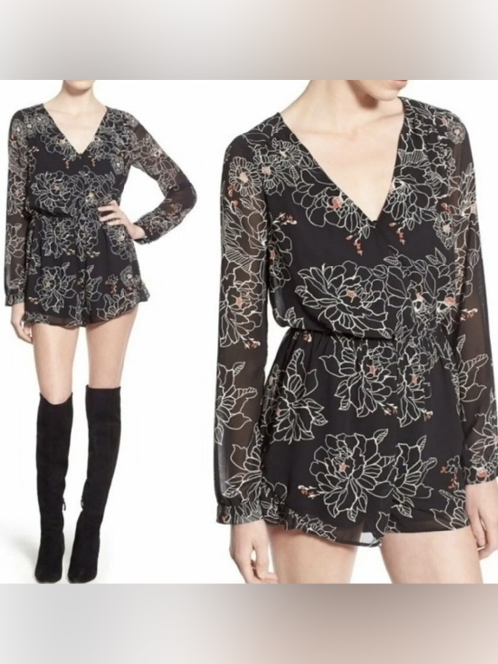 EUC ASTR the Label Black Floral Tattoo Style Long-Sleeve Wrap Romper Size Small